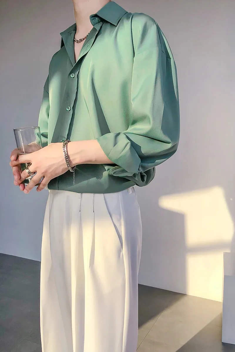 Wiaofellas  -  Men Anti Wrinkle Handsome Luxury Ice Silk Top Blouse Coffee Green Solid Plain Quality Ins England Vintage Long Sleeve Boy Shirts