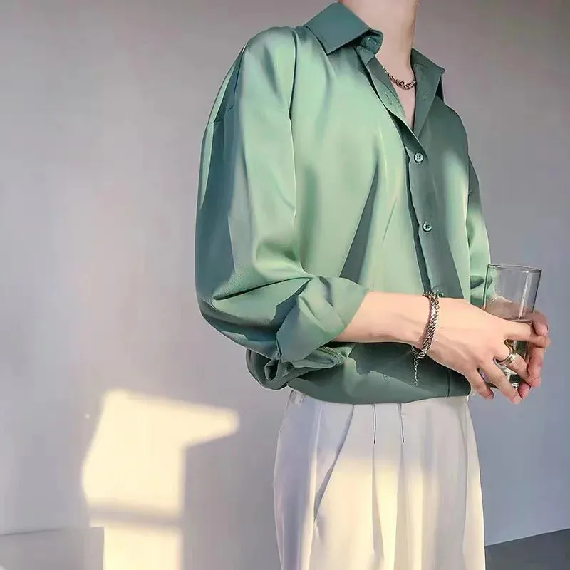 Wiaofellas  -  Men Anti Wrinkle Handsome Luxury Ice Silk Top Blouse Coffee Green Solid Plain Quality Ins England Vintage Long Sleeve Boy Shirts