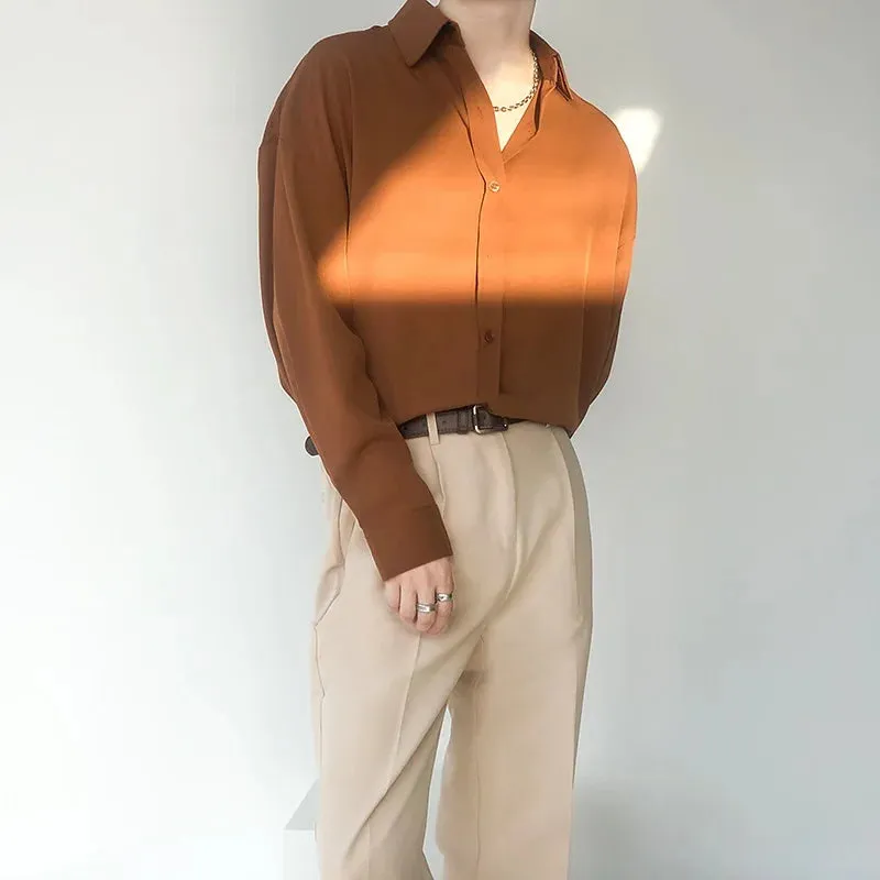 Wiaofellas  -  Men Anti Wrinkle Handsome Luxury Ice Silk Top Blouse Coffee Green Solid Plain Quality Ins England Vintage Long Sleeve Boy Shirts