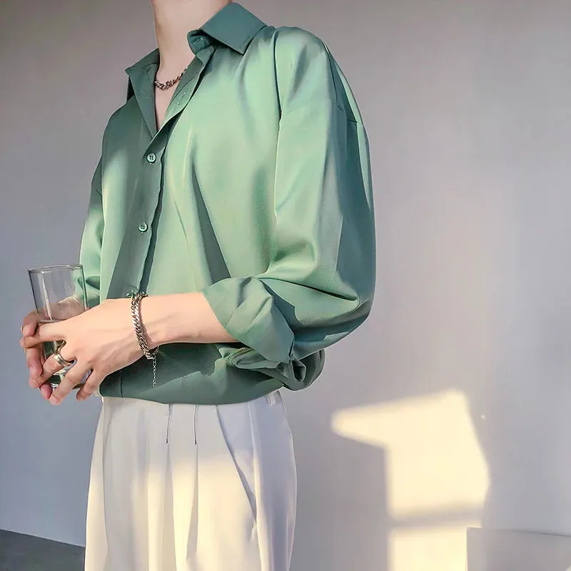 Wiaofellas  -  Men Anti Wrinkle Handsome Luxury Ice Silk Top Blouse Coffee Green Solid Plain Quality Ins England Vintage Long Sleeve Boy Shirts