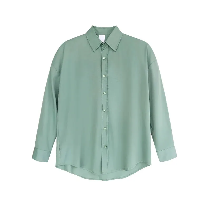 Wiaofellas  -  Men Anti Wrinkle Handsome Luxury Ice Silk Top Blouse Coffee Green Solid Plain Quality Ins England Vintage Long Sleeve Boy Shirts