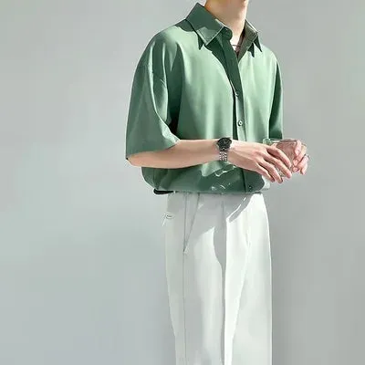 Wiaofellas  -  Men Anti Wrinkle Handsome Luxury Ice Silk Top Blouse Coffee Green Solid Plain Quality Ins England Vintage Long Sleeve Boy Shirts