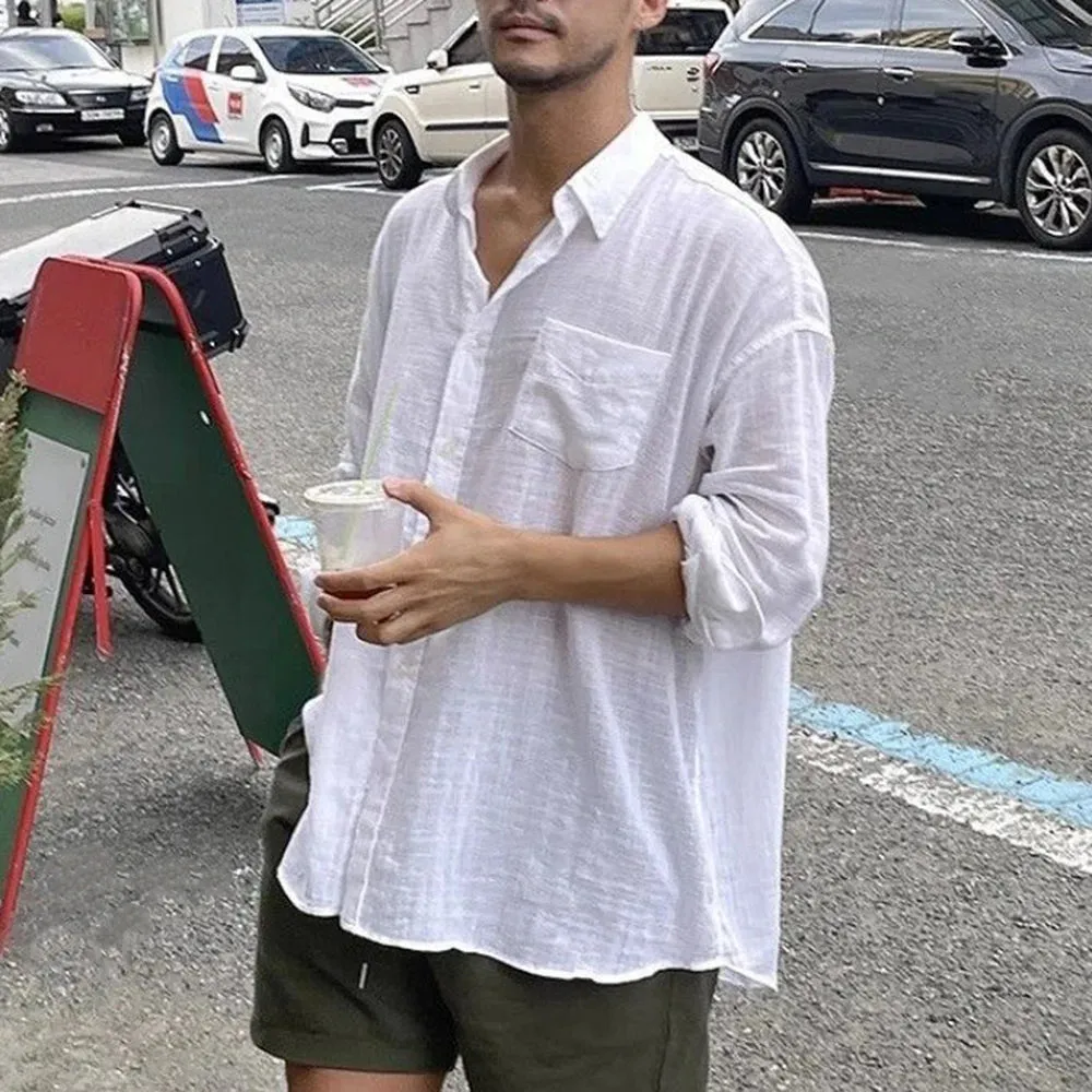 Wiaofellas  -  Mens Casual Cotton Linen See-Through Thin Long-Sleeve Shirts Genderless New Youth Simple Solid Color Comfort Shirts Unisex