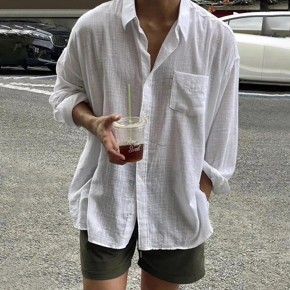 Wiaofellas  -  Mens Casual Cotton Linen See-Through Thin Long-Sleeve Shirts Genderless New Youth Simple Solid Color Comfort Shirts Unisex