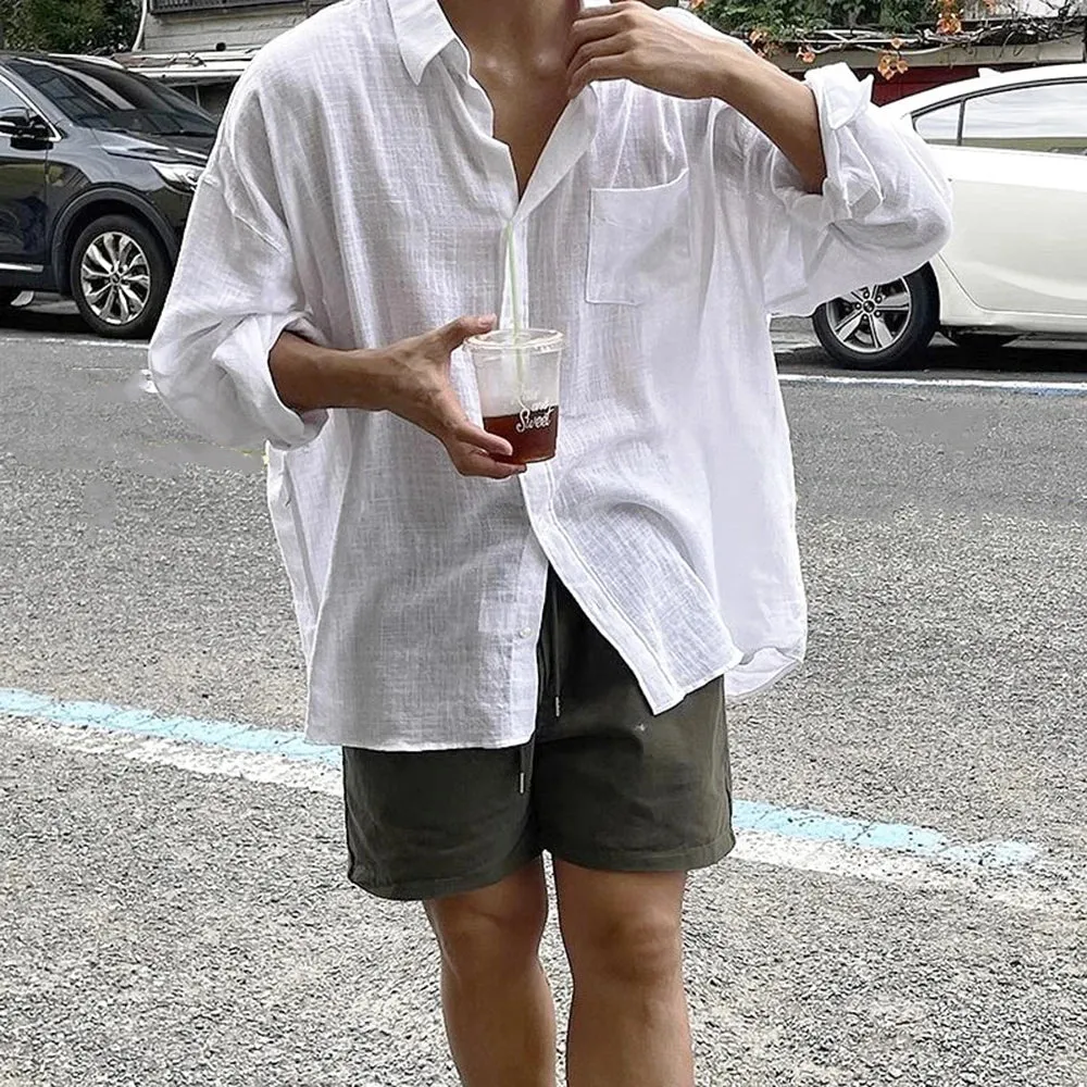 Wiaofellas  -  Mens Casual Cotton Linen See-Through Thin Long-Sleeve Shirts Genderless New Youth Simple Solid Color Comfort Shirts Unisex
