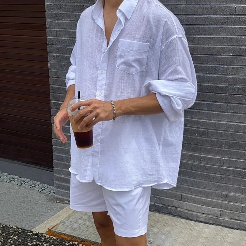 Wiaofellas  -  Mens Casual Cotton Linen See-Through Thin Long-Sleeve Shirts Genderless New Youth Simple Solid Color Comfort Shirts Unisex