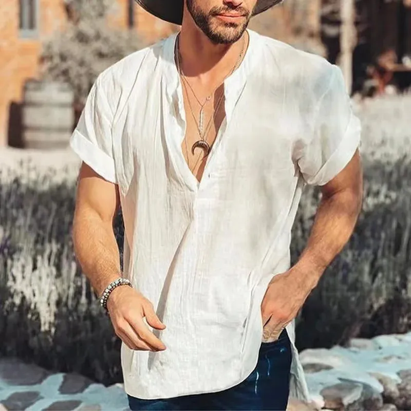 Wiaofellas  -  New Fashion Cotton Linen Mens Shirts Casual Solid Color V-neck Long Sleeve Blouse Thin Summer Oversized Loose Shirts For Men
