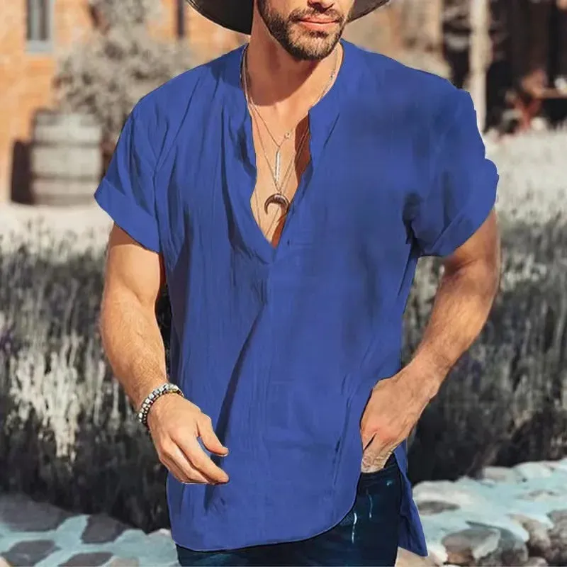 Wiaofellas  -  New Fashion Cotton Linen Mens Shirts Casual Solid Color V-neck Long Sleeve Blouse Thin Summer Oversized Loose Shirts For Men