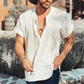 Wiaofellas  -  New Fashion Cotton Linen Mens Shirts Casual Solid Color V-neck Long Sleeve Blouse Thin Summer Oversized Loose Shirts For Men