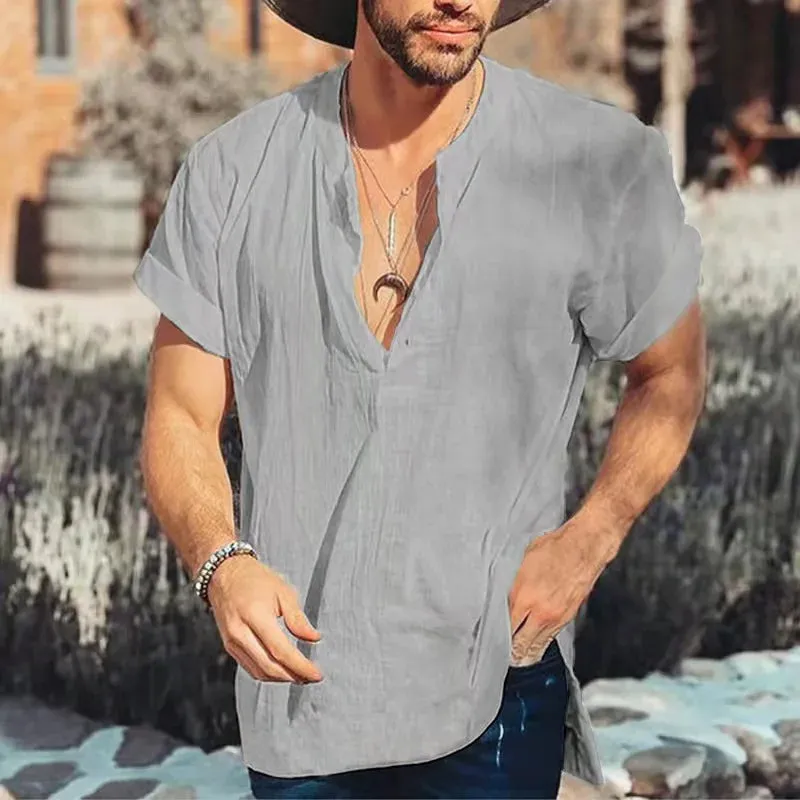 Wiaofellas  -  New Fashion Cotton Linen Mens Shirts Casual Solid Color V-neck Long Sleeve Blouse Thin Summer Oversized Loose Shirts For Men