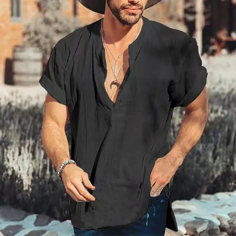 Wiaofellas  -  New Fashion Cotton Linen Mens Shirts Casual Solid Color V-neck Long Sleeve Blouse Thin Summer Oversized Loose Shirts For Men
