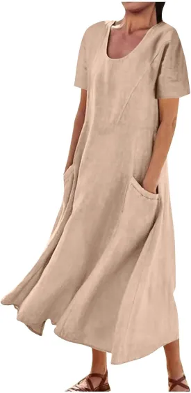 Women 2023 Summer Casual Short Sleeve Cotton Linen Dress Simple Solid Color Loose Beach Sundress with Pockets
