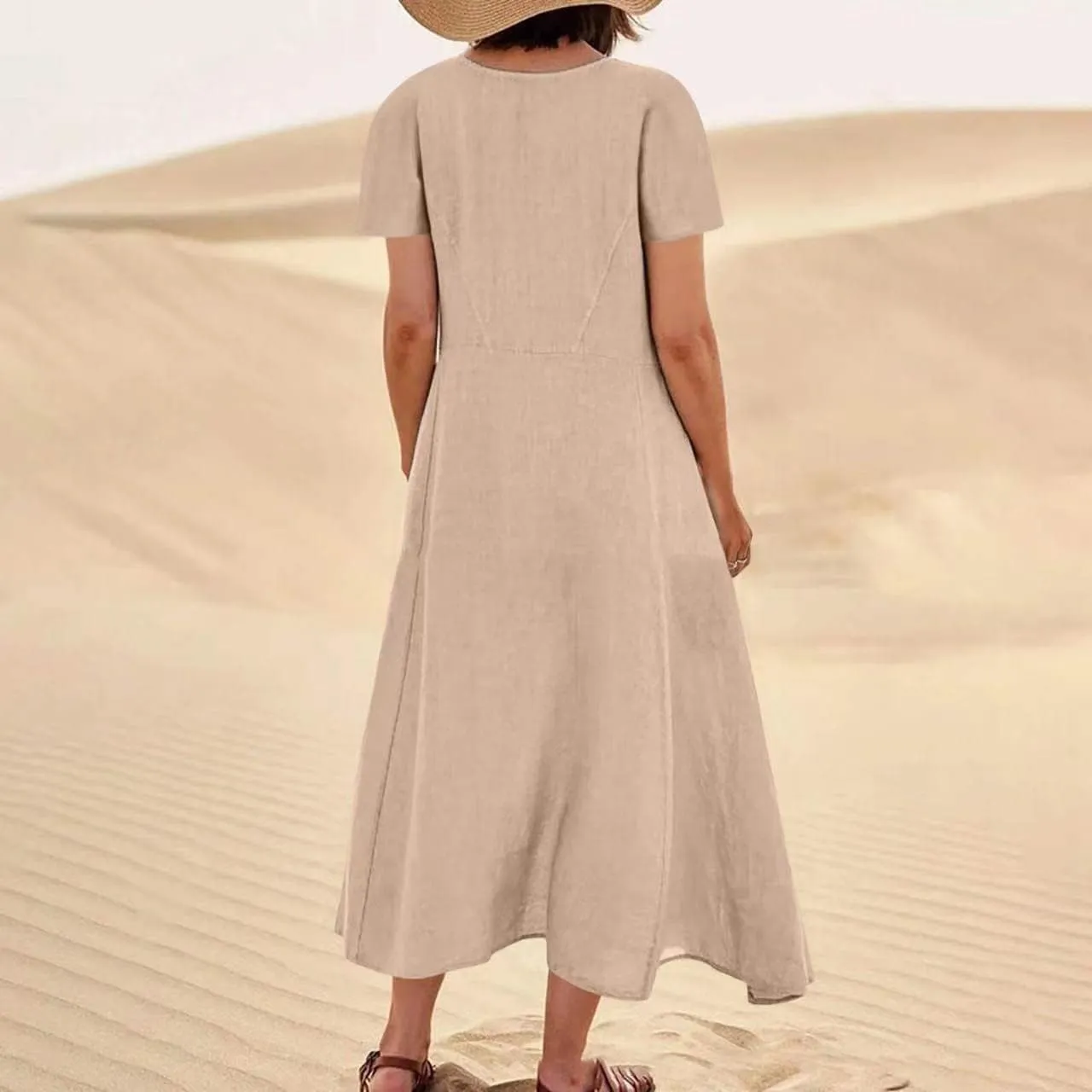 Women 2023 Summer Casual Short Sleeve Cotton Linen Dress Simple Solid Color Loose Beach Sundress with Pockets