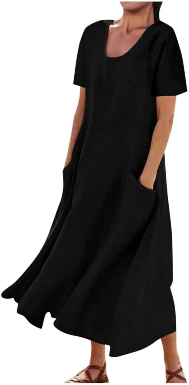 Women 2023 Summer Casual Short Sleeve Cotton Linen Dress Simple Solid Color Loose Beach Sundress with Pockets