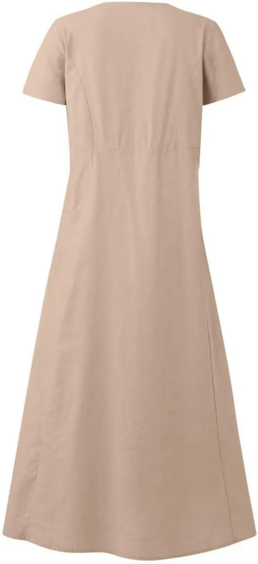 Women 2023 Summer Casual Short Sleeve Cotton Linen Dress Simple Solid Color Loose Beach Sundress with Pockets