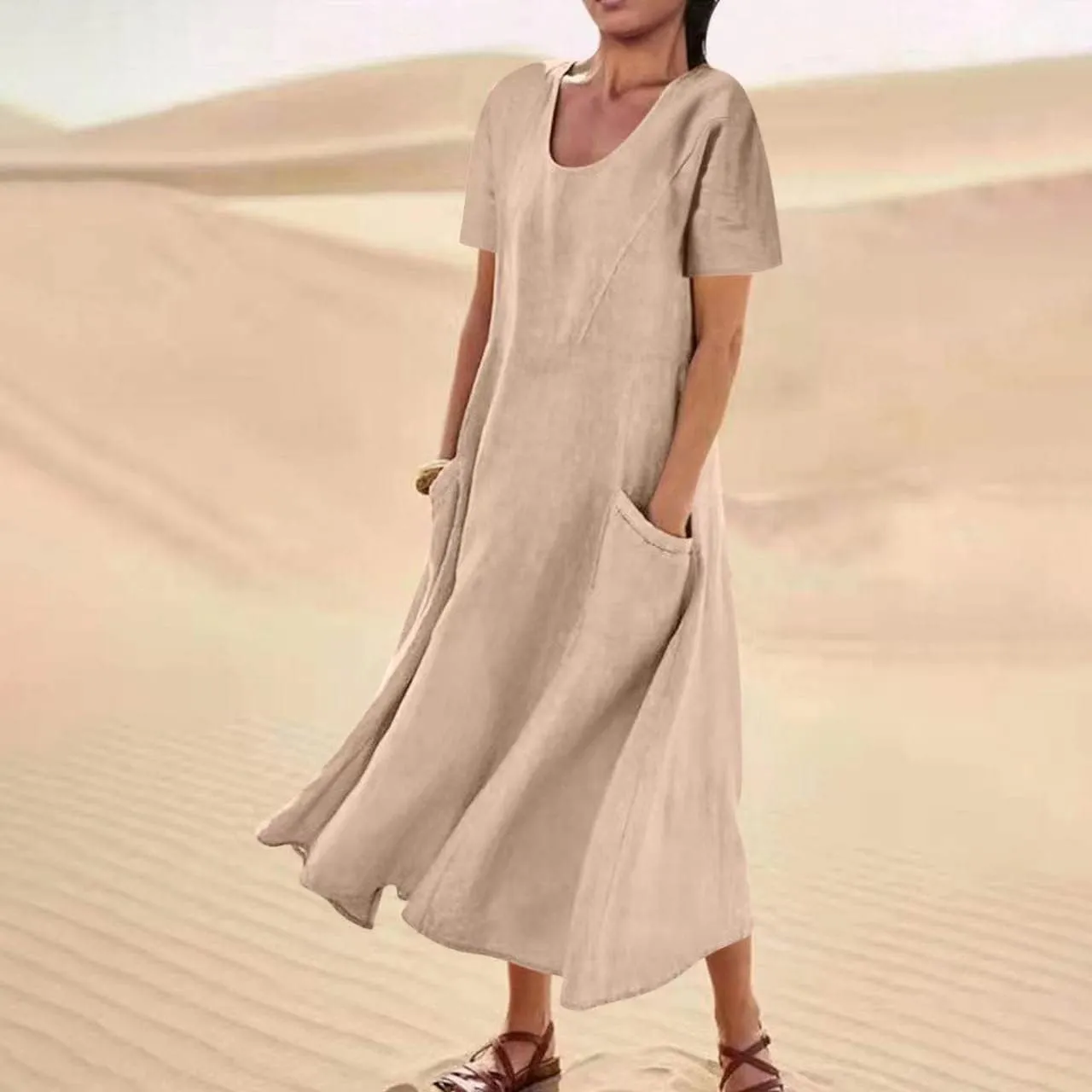 Women 2023 Summer Casual Short Sleeve Cotton Linen Dress Simple Solid Color Loose Beach Sundress with Pockets