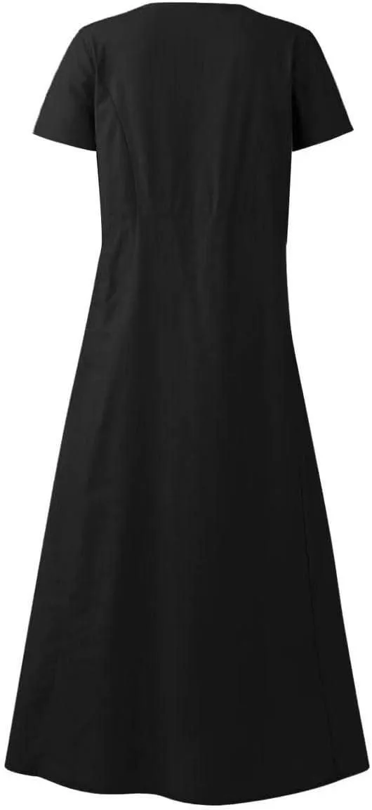 Women 2023 Summer Casual Short Sleeve Cotton Linen Dress Simple Solid Color Loose Beach Sundress with Pockets