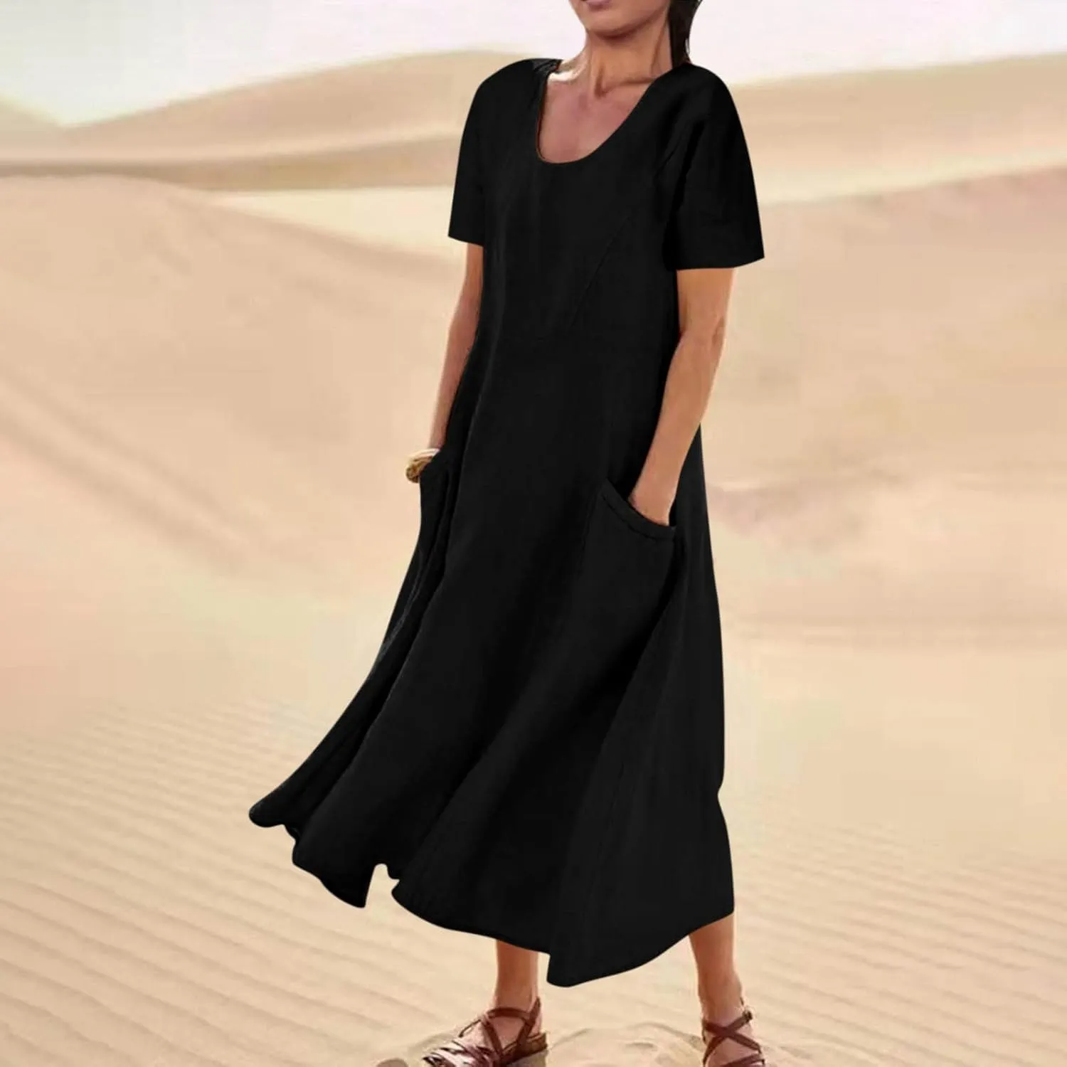 Women 2023 Summer Casual Short Sleeve Cotton Linen Dress Simple Solid Color Loose Beach Sundress with Pockets
