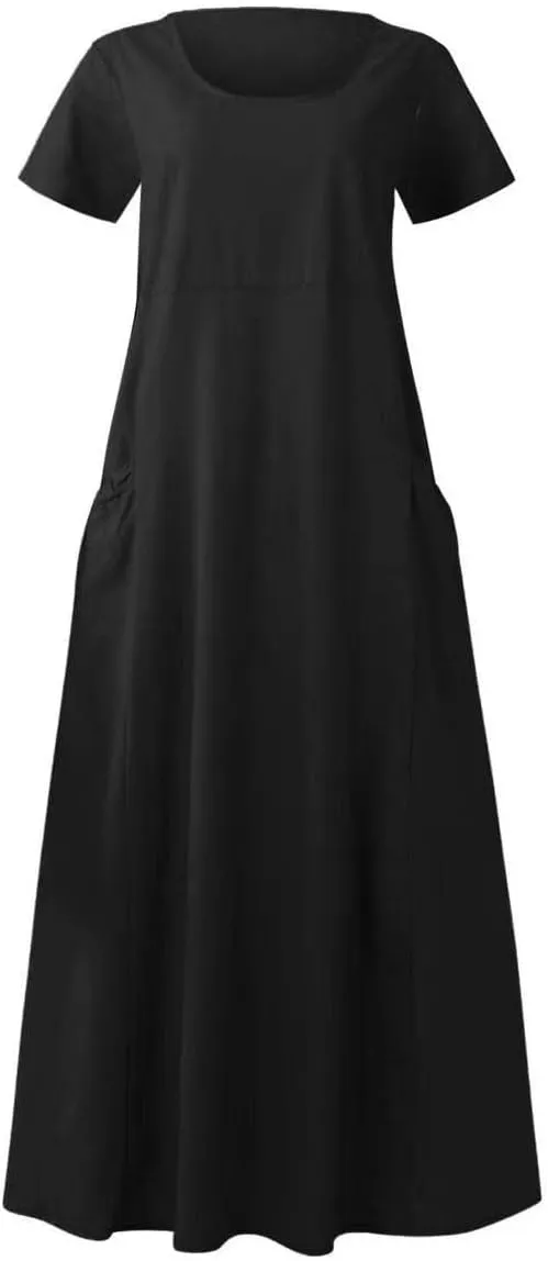 Women 2023 Summer Casual Short Sleeve Cotton Linen Dress Simple Solid Color Loose Beach Sundress with Pockets