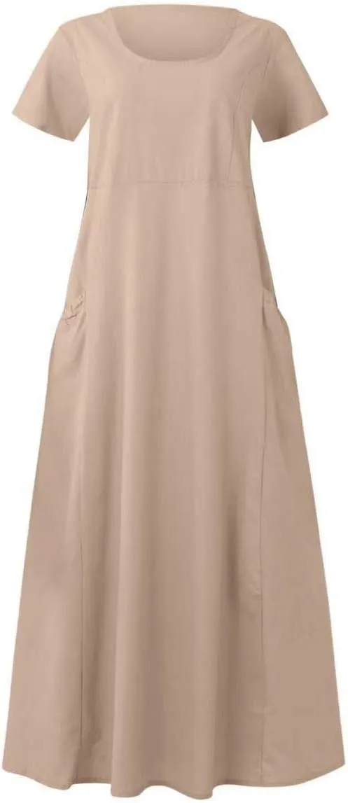 Women 2023 Summer Casual Short Sleeve Cotton Linen Dress Simple Solid Color Loose Beach Sundress with Pockets