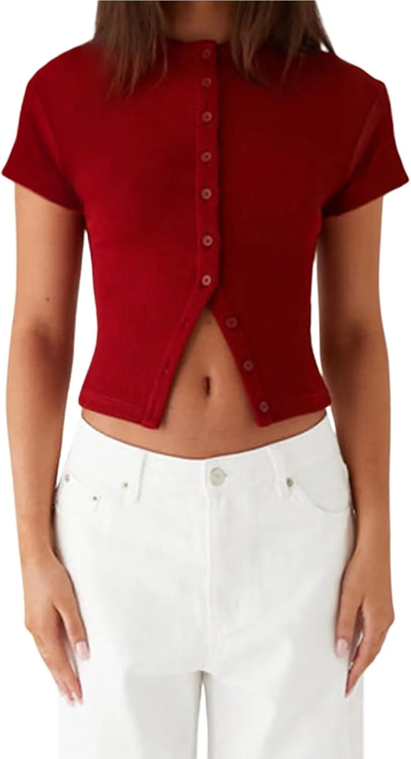 Women Button Down Short Sleeve Top Summer Ribbed Crew Neck Slim Fit Shirt Casual Solid Color Crop Tee