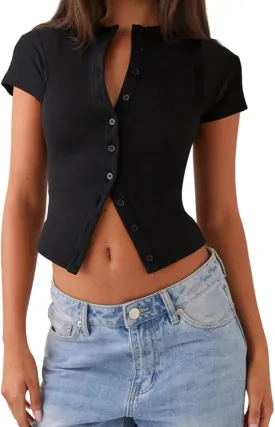 Women Button Down Short Sleeve Top Summer Ribbed Crew Neck Slim Fit Shirt Casual Solid Color Crop Tee