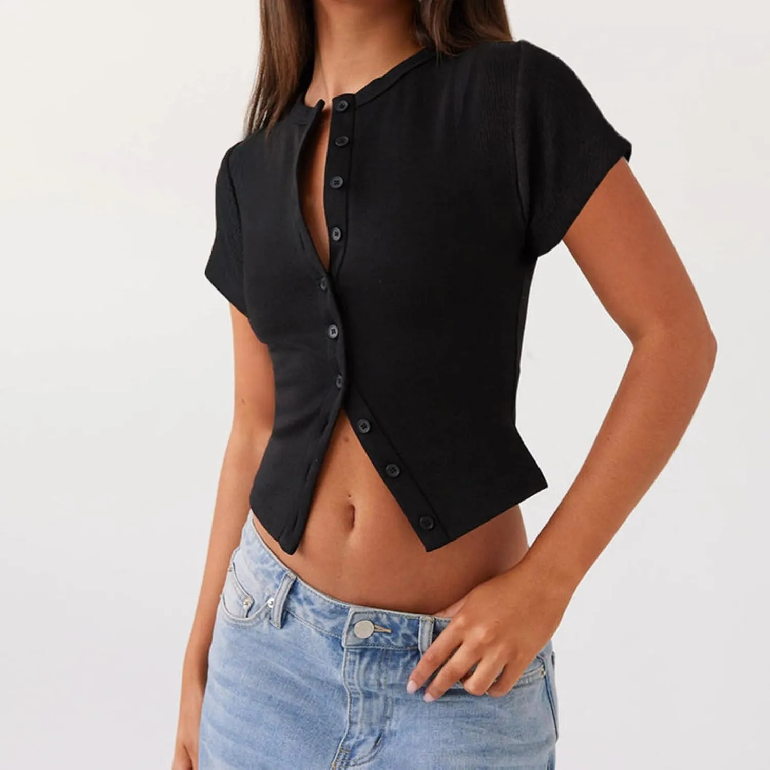Women Button Down Short Sleeve Top Summer Ribbed Crew Neck Slim Fit Shirt Casual Solid Color Crop Tee