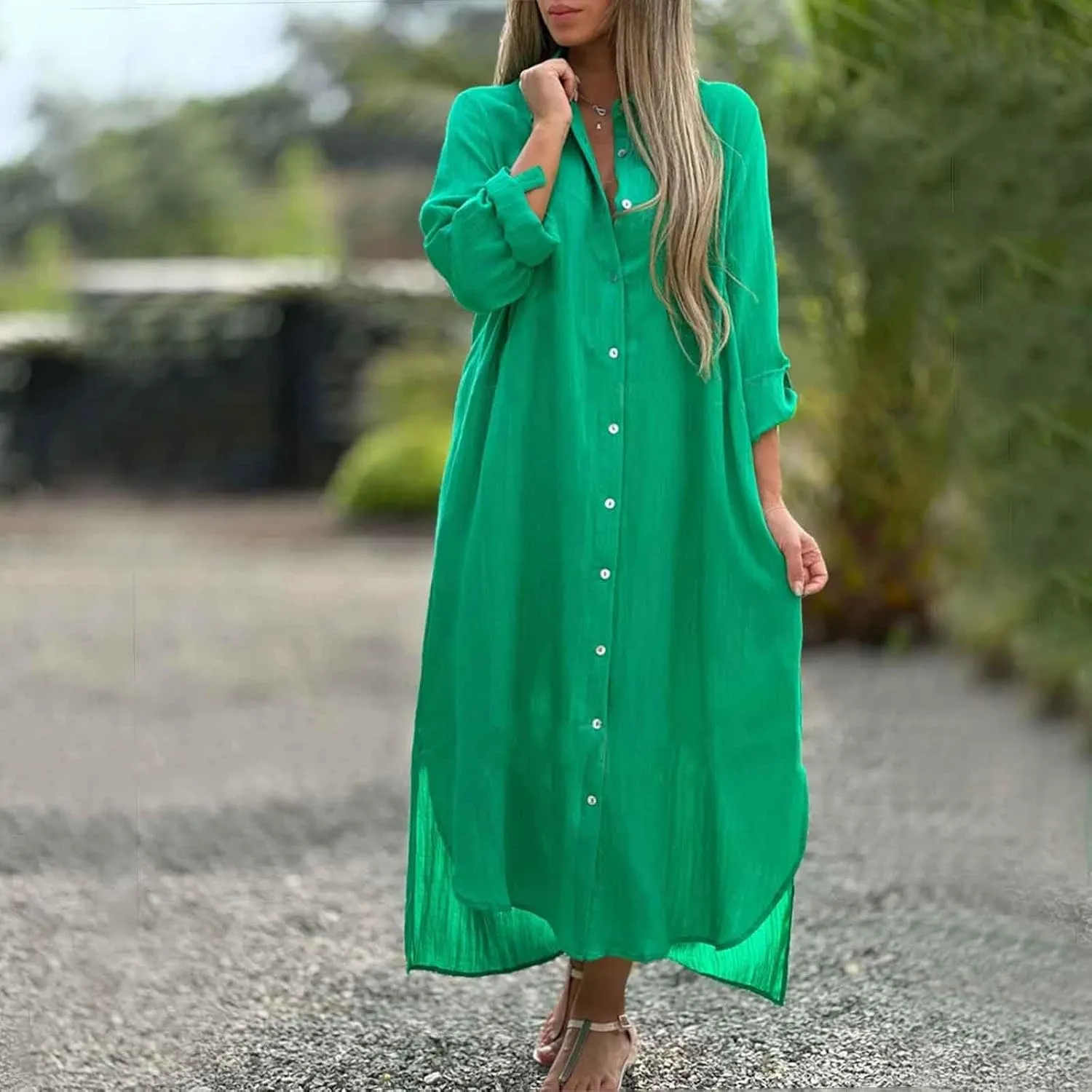 Women Fashion Solid Dress Shirt Long Skirt Casual Long Sleeve Cardigan Dress K Dresses for Women