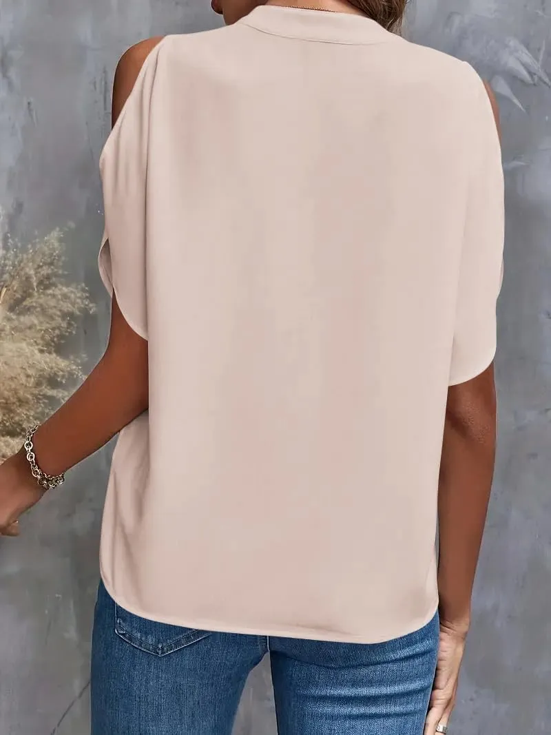 Women's Cold Shoulder Tops Summer Fashion Short Sleeve V Neck Casual Loose Solid Color Blouse Shirts