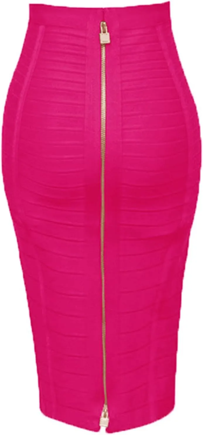 Women's High Waist Elastic Slim Fit Bandage Skirt Solid Color Knee Length Bodycon Pencil Skirt Office Midi Skirt