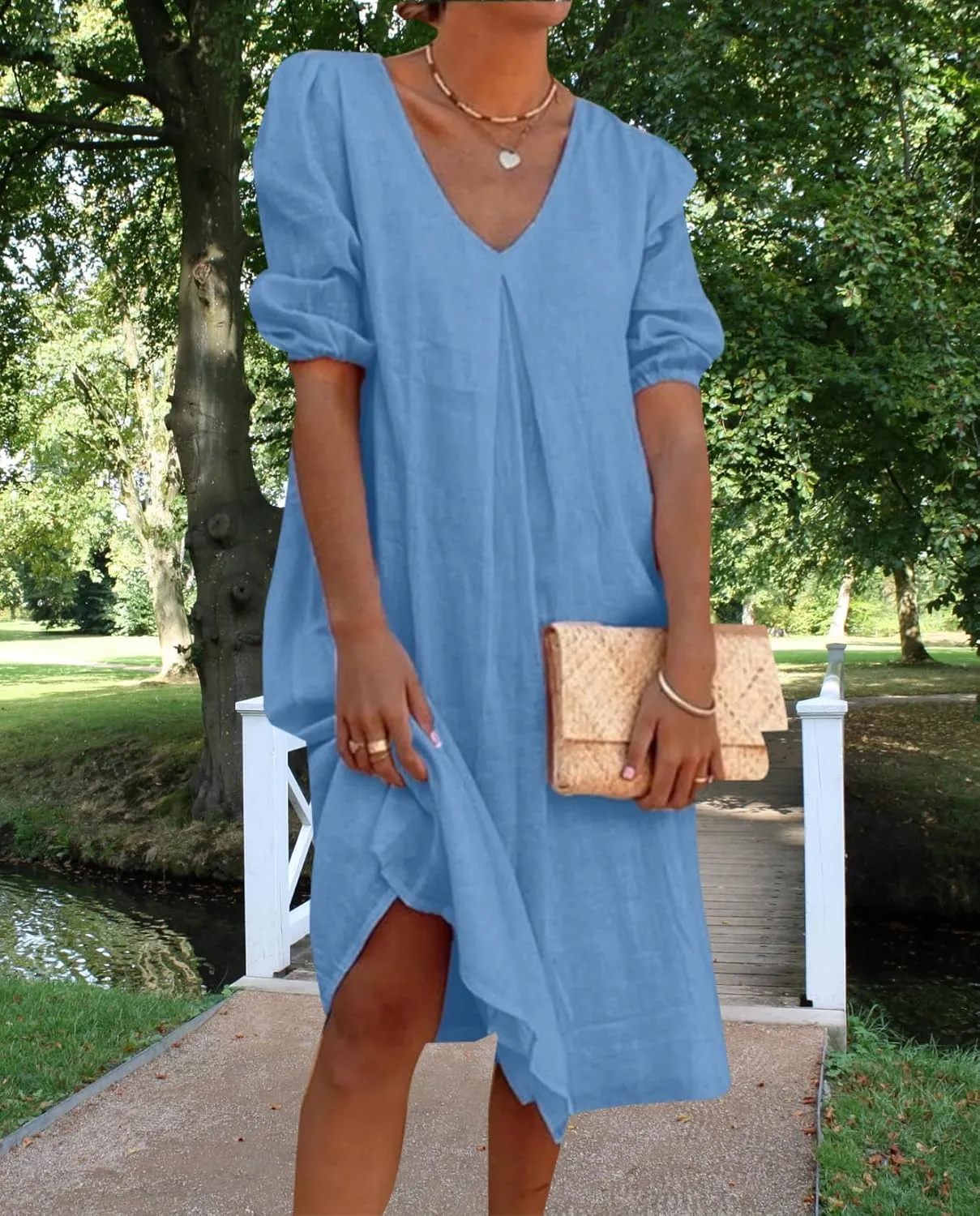 Womens Linen Dress V Neck Puff Sleeve Maxi Solid Color Casual Loose Vacation Summer Beach Midi Dresses