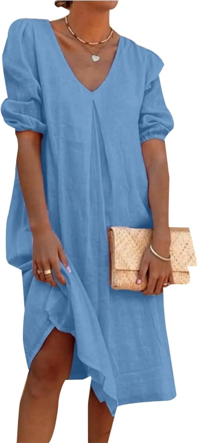 Womens Linen Dress V Neck Puff Sleeve Maxi Solid Color Casual Loose Vacation Summer Beach Midi Dresses