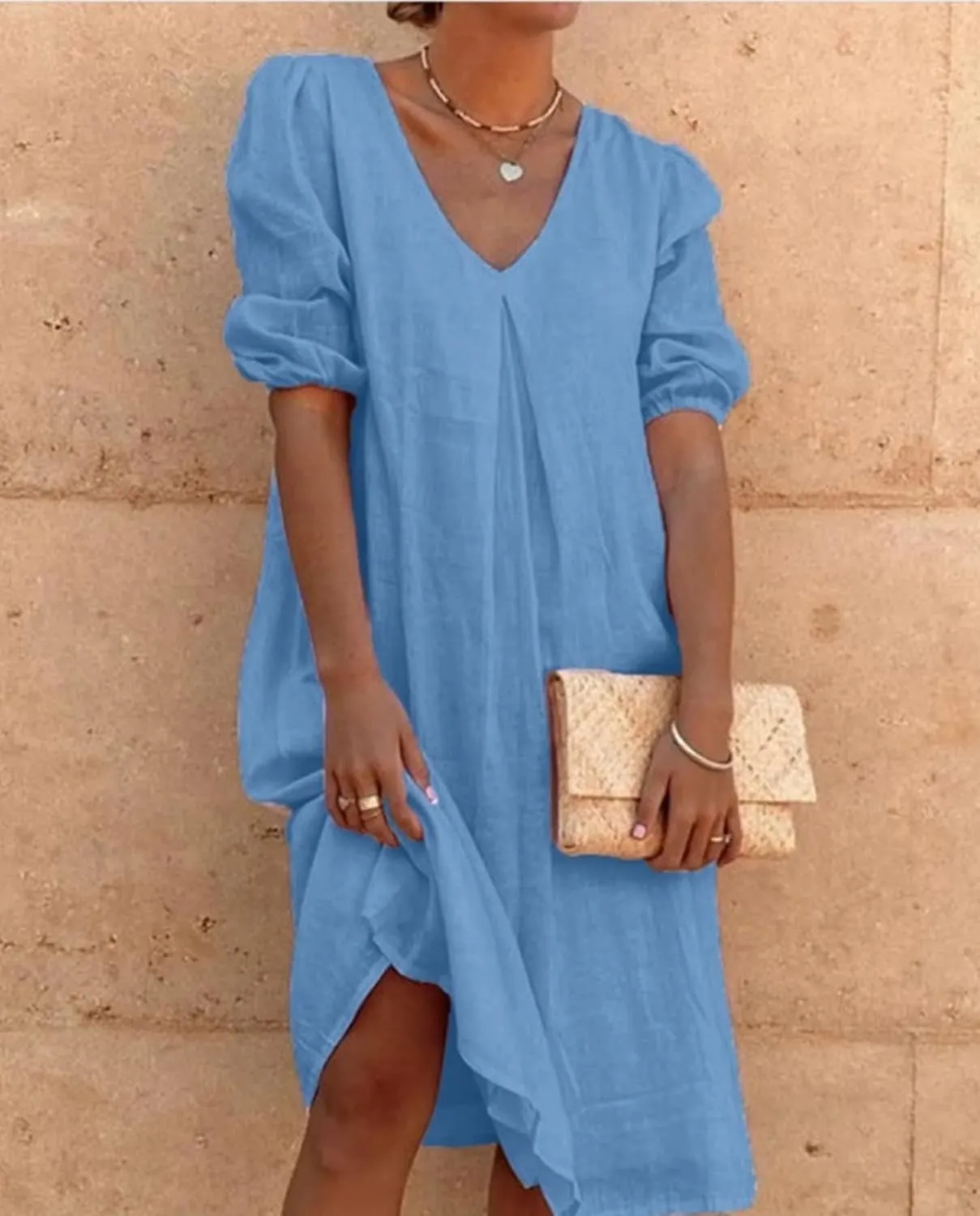 Womens Linen Dress V Neck Puff Sleeve Maxi Solid Color Casual Loose Vacation Summer Beach Midi Dresses