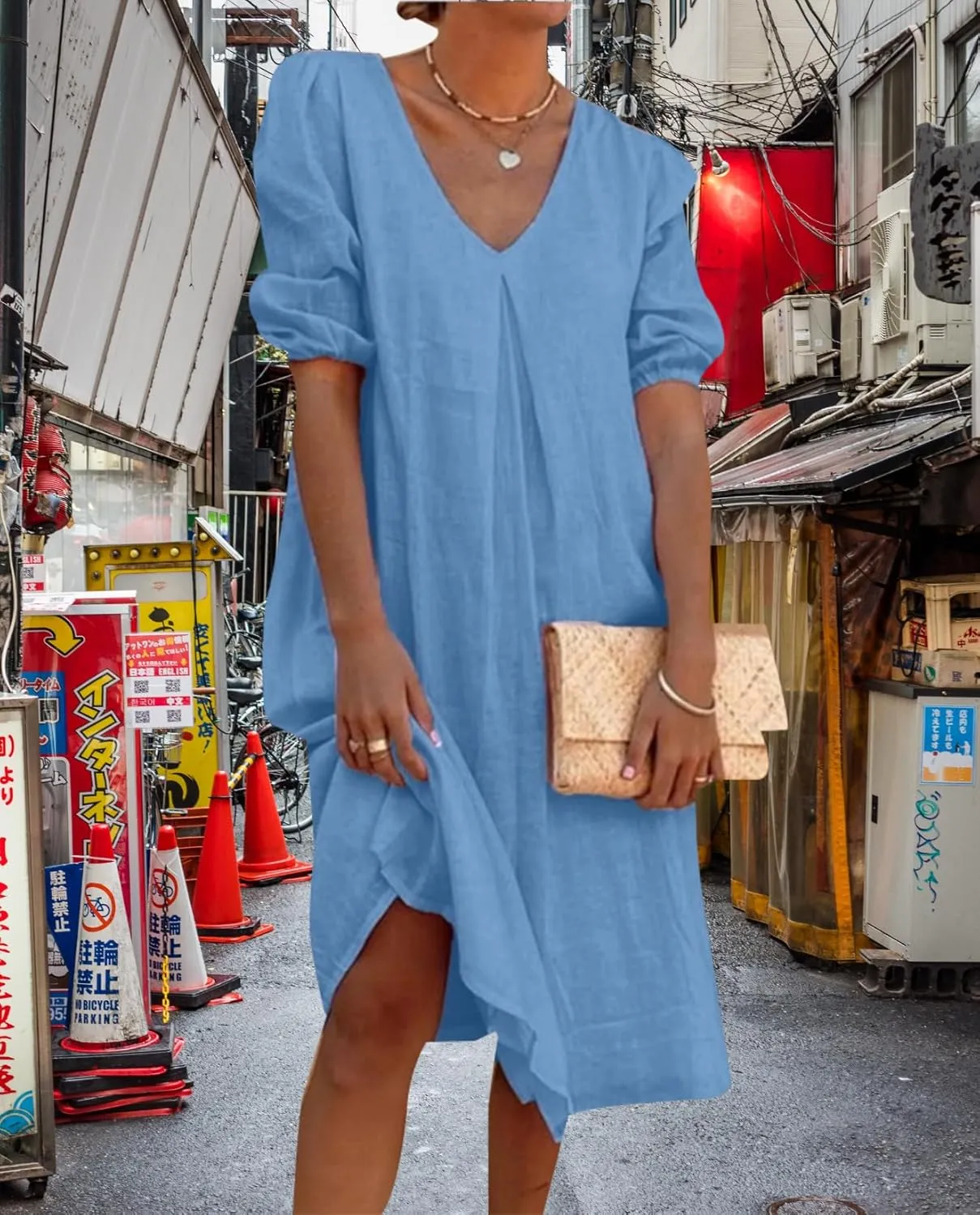 Womens Linen Dress V Neck Puff Sleeve Maxi Solid Color Casual Loose Vacation Summer Beach Midi Dresses