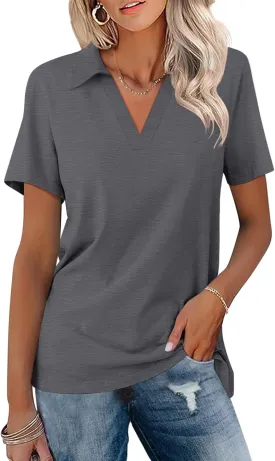 Women's Polo Shirts Short Sleeve V Neck Summer Tops Business Casual Collared Shirts Loose Tees