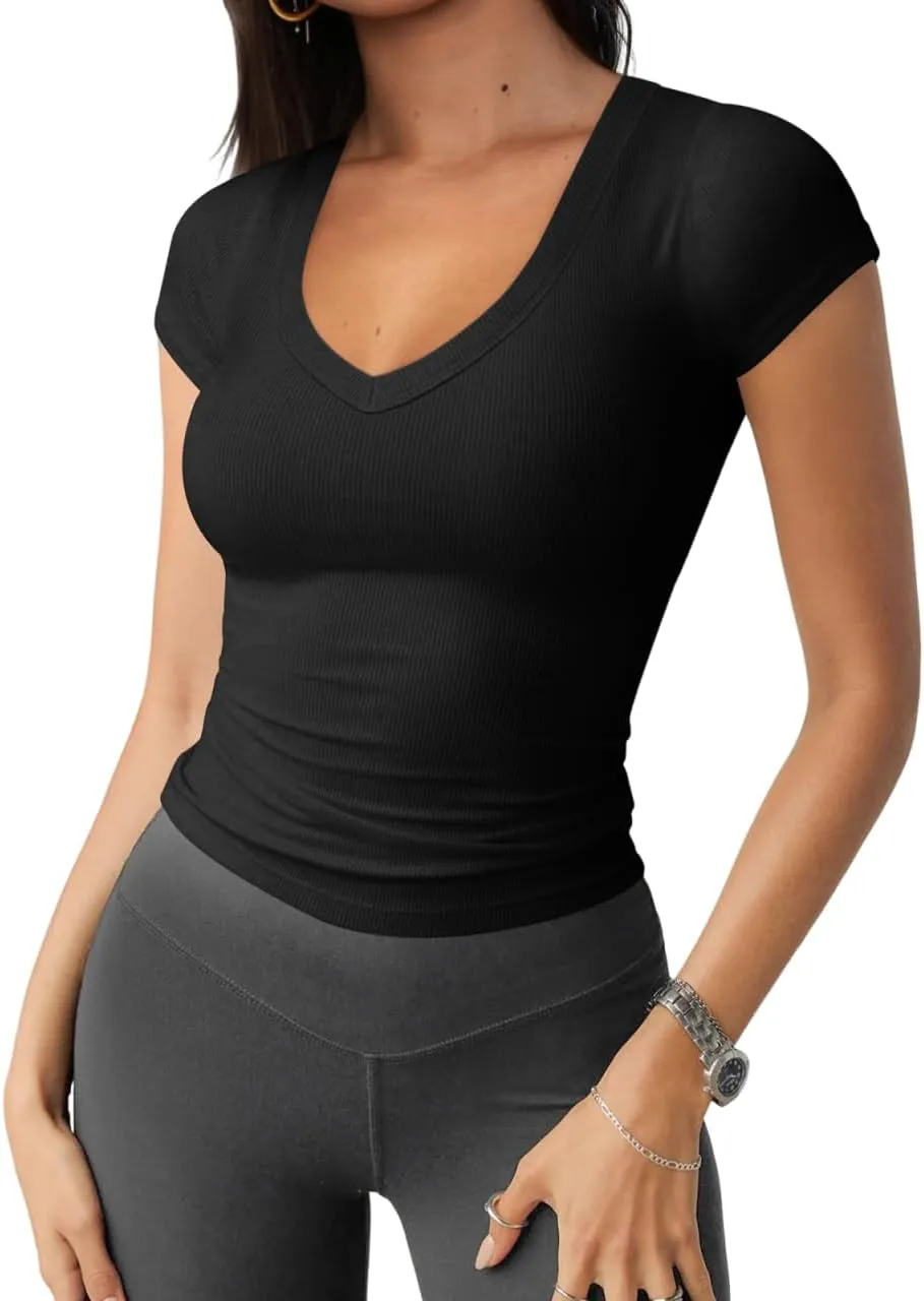 Womens Ribbed Slim Fit Casual V Neck Tops Solid Color Pullover Short Sleeve T-Shirts