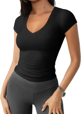 Womens Ribbed Slim Fit Casual V Neck Tops Solid Color Pullover Short Sleeve T-Shirts