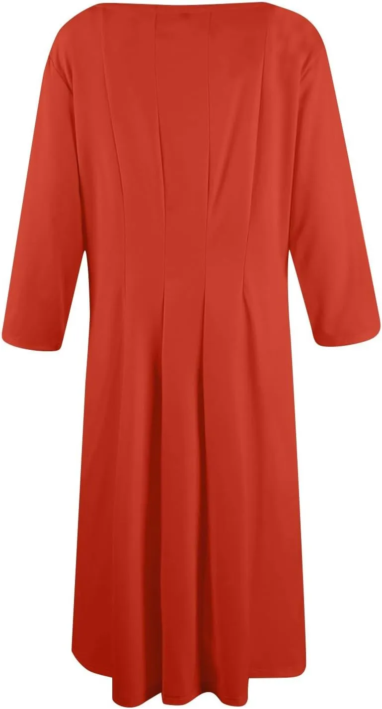 Womens Summer Dresses Crew Neck 3/4 Sleeve Dress Solid Color Wrap Dress Spring Midi Dresses Pleated with Pocket