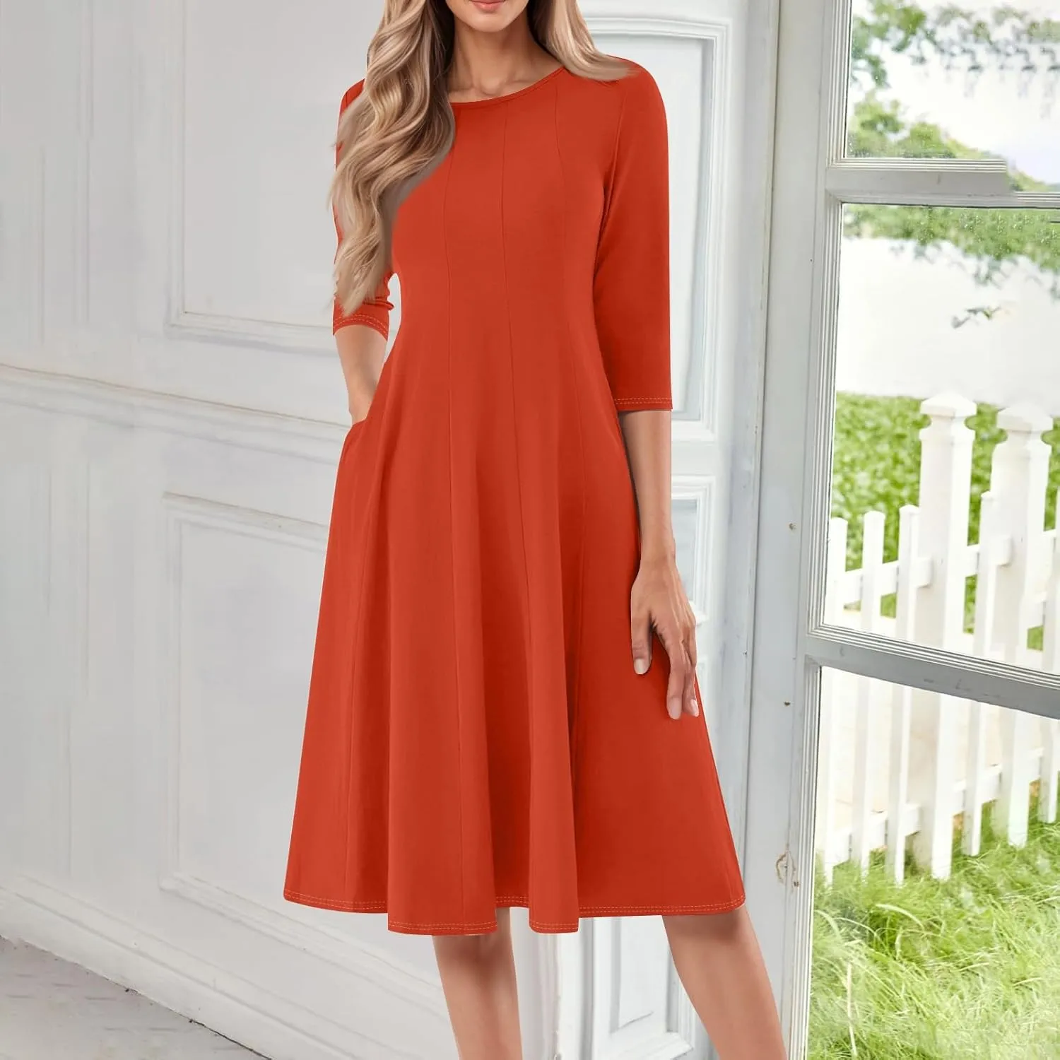 Womens Summer Dresses Crew Neck 3/4 Sleeve Dress Solid Color Wrap Dress Spring Midi Dresses Pleated with Pocket