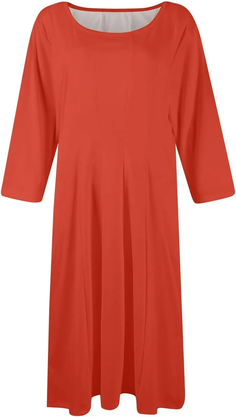 Womens Summer Dresses Crew Neck 3/4 Sleeve Dress Solid Color Wrap Dress Spring Midi Dresses Pleated with Pocket