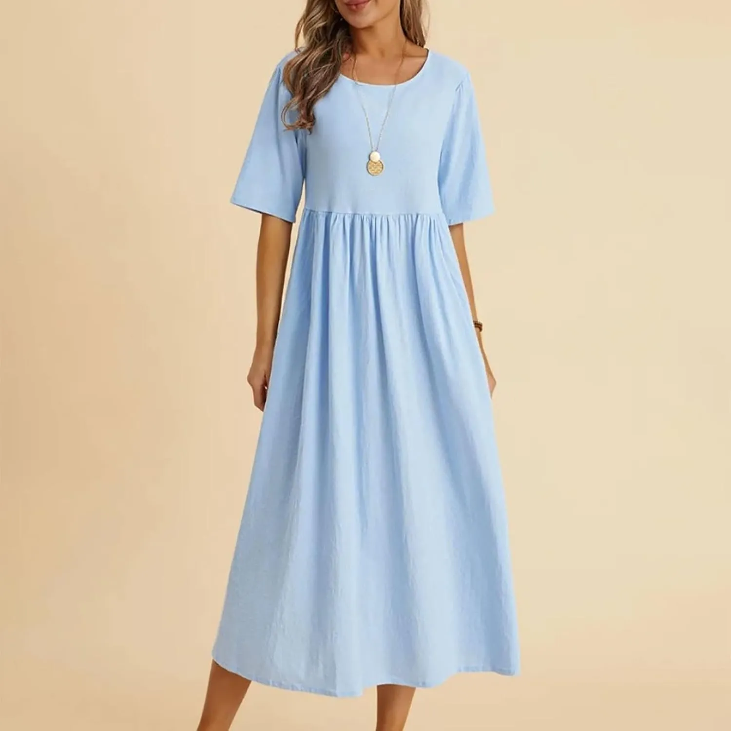 Womens Summer Loose Fit Cotton Linen Midi Dress Casual Crew Neck Half Sleeve Solid Color Flowy Swing Dresses