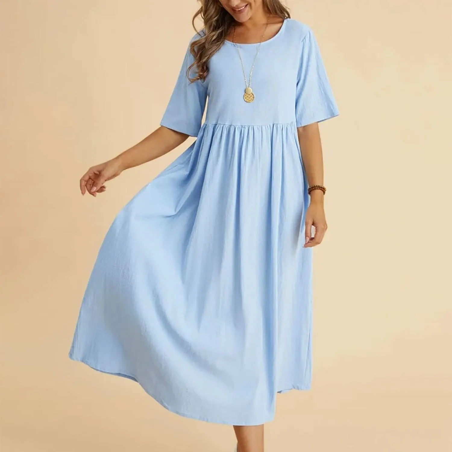 Womens Summer Loose Fit Cotton Linen Midi Dress Casual Crew Neck Half Sleeve Solid Color Flowy Swing Dresses