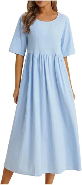 Womens Summer Loose Fit Cotton Linen Midi Dress Casual Crew Neck Half Sleeve Solid Color Flowy Swing Dresses