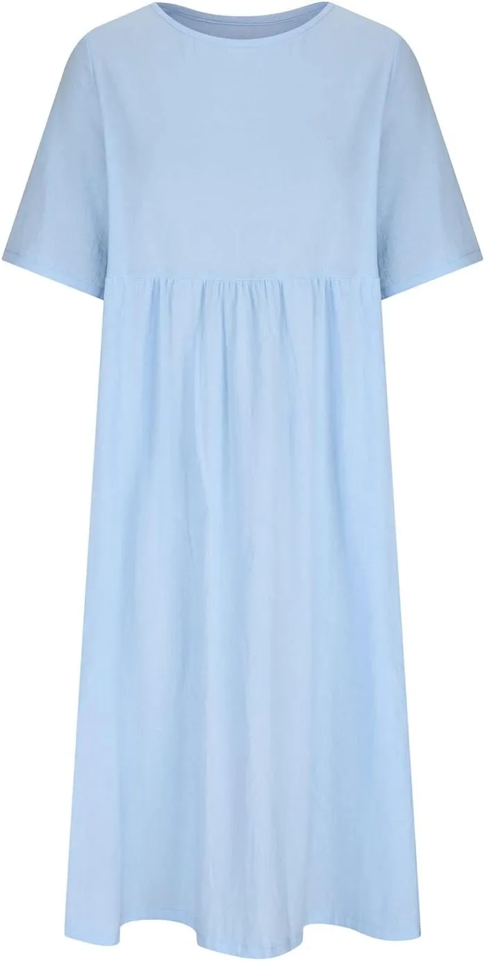 Womens Summer Loose Fit Cotton Linen Midi Dress Casual Crew Neck Half Sleeve Solid Color Flowy Swing Dresses