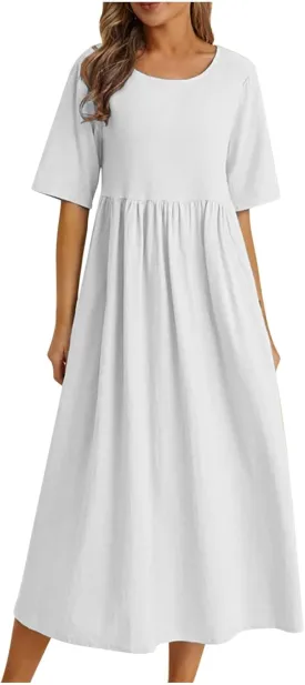 Womens Summer Loose Fit Cotton Linen Midi Dress Casual Crew Neck Half Sleeve Solid Color Flowy Swing Dresses