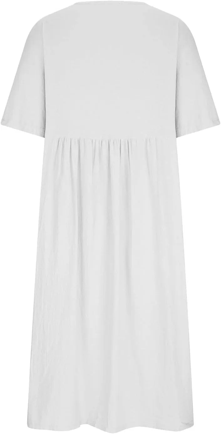 Womens Summer Loose Fit Cotton Linen Midi Dress Casual Crew Neck Half Sleeve Solid Color Flowy Swing Dresses