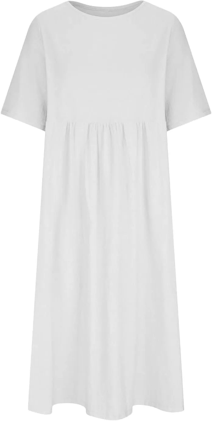 Womens Summer Loose Fit Cotton Linen Midi Dress Casual Crew Neck Half Sleeve Solid Color Flowy Swing Dresses