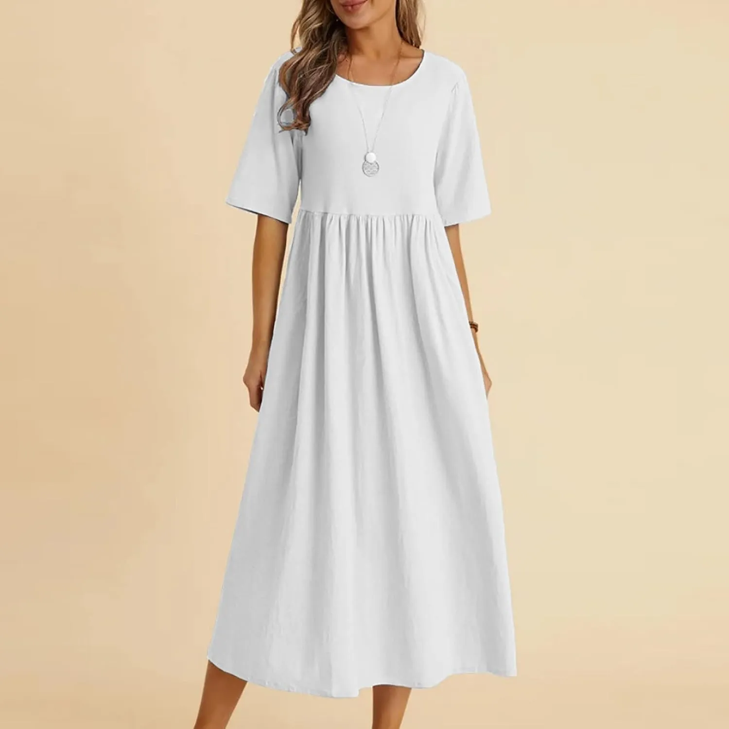 Womens Summer Loose Fit Cotton Linen Midi Dress Casual Crew Neck Half Sleeve Solid Color Flowy Swing Dresses