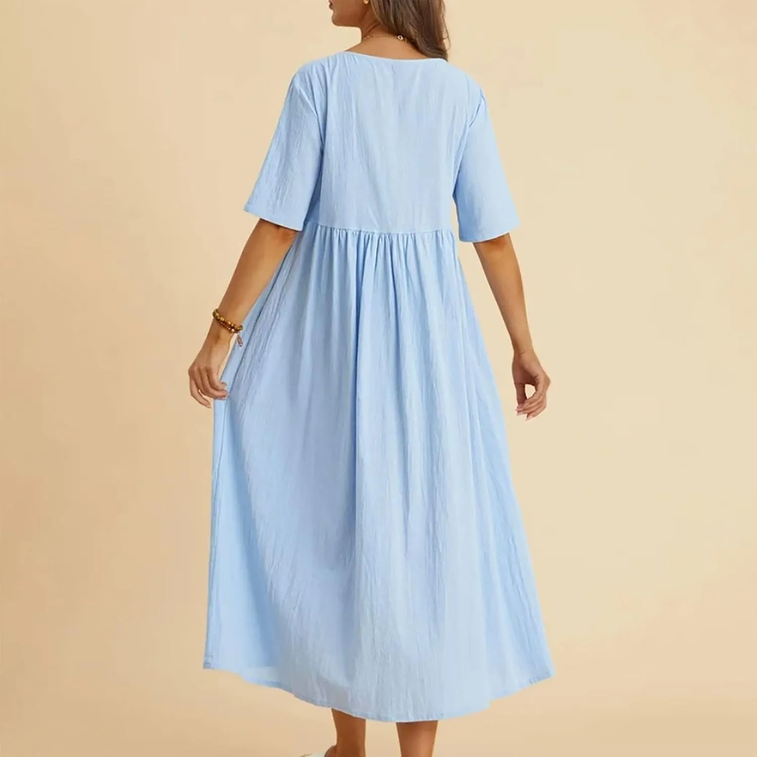 Womens Summer Loose Fit Cotton Linen Midi Dress Casual Crew Neck Half Sleeve Solid Color Flowy Swing Dresses