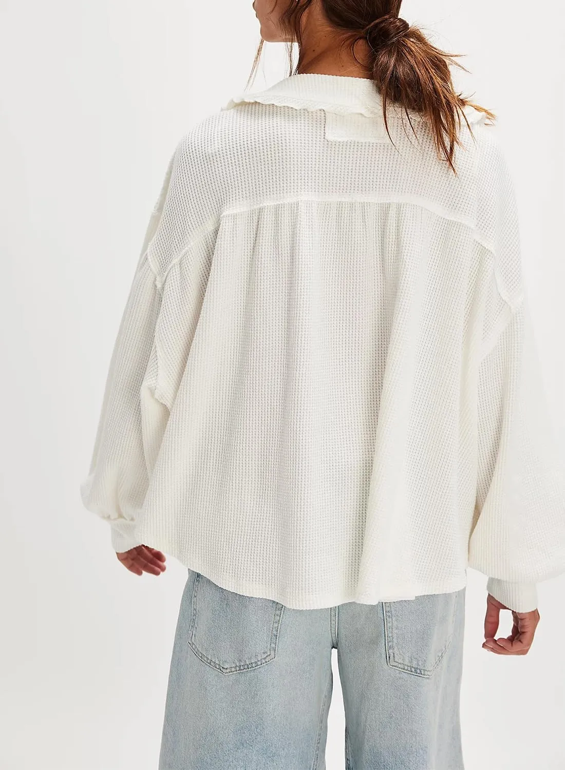 Women's Waffle Knit Tops Collared Solid Color Pullover Long Sleeve V Neck Solid Color Loose Tunic
